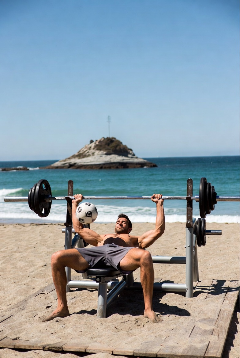 MAN BENCHES 829 POUNDS ON MALIBU BEACH WHILE JUGGLING SOCCER BALL—INSANE FEAT SHOCKS ONLOOKERS!